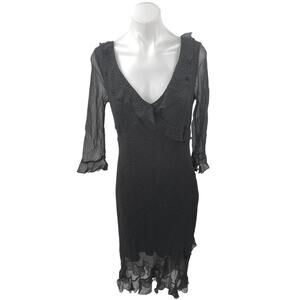 Jonathan Martin 100% Silk Black Polka Dot Ruffle V-neck Midi Bodycon Dress Sz 10